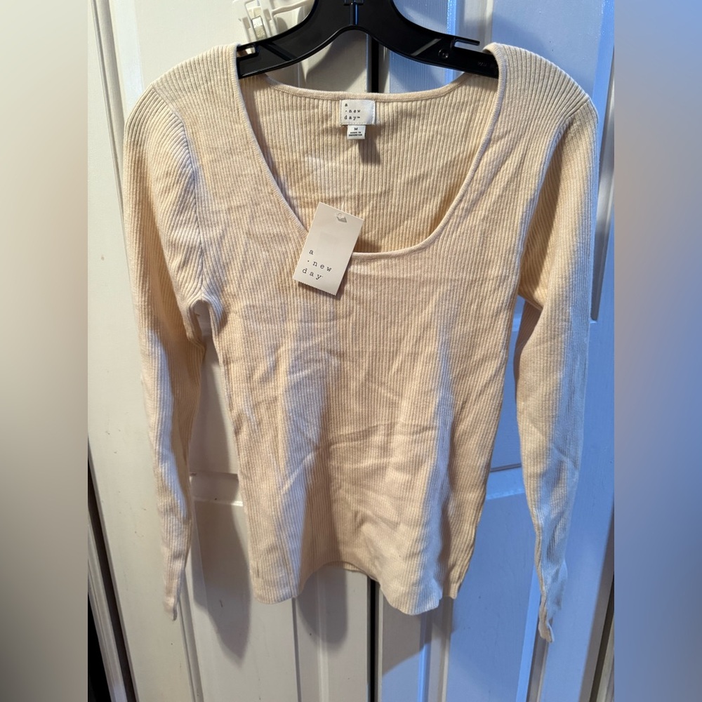 XXL A New Day Cream Ribbed Long Sleeve Top Square Neck, Business Casual